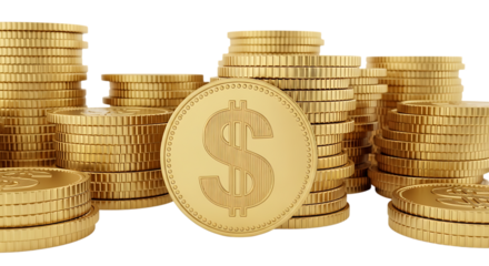 Close up of stacks of gold coins with a dollar sign on a black background money wealth isolated on a transparent background