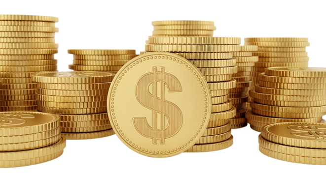 Close up of stacks of gold coins with a dollar sign on a black background money wealth isolated on a transparent background