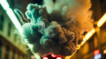 Dramatic smoke cloud illuminated by neon urban lights at night