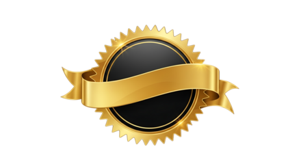 Golden Award Seal With Ribbon On Black Background badge isolated on a transparent background