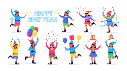 Festive New Year Revelry: A lively illustration showcases a group of cheerful figures celebrating New Year's, each adorned with celebratory elements and radiating joy.