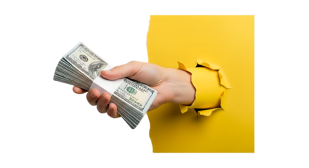 Hand Reaching Through Torn Yellow Paper Holding a Stack of US Hundred Dollar Bills money cash isolated on a transparent background