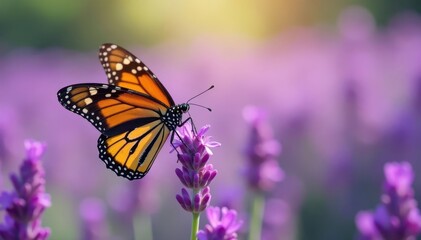 Obraz premium Monarch butterfly floats above vibrant purple lavender field, wildlife, pollinator, wings
