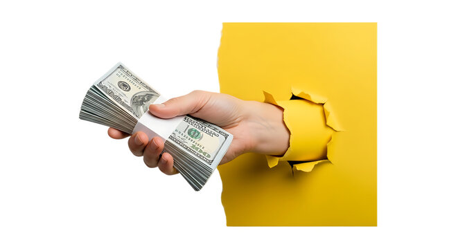 Hand Reaching Through Torn Yellow Paper Holding a Stack of US Hundred Dollar Bills money cash isolated on a transparent background