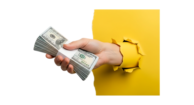 Hand Reaching Through Torn Yellow Paper Holding a Stack of US Hundred Dollar Bills money cash isolated on a transparent background