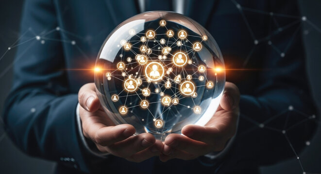 Man Holding Glowing Network Globe: Global Connections and Commun - Powered by Adobe