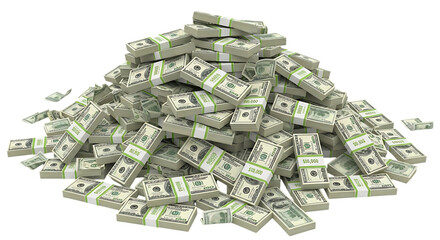 Large pile of stacks of US dollar bills on a black background money cash isolated on a transparent background