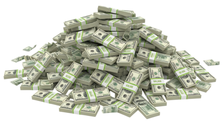 Large pile of stacks of US dollar bills on a black background money cash isolated on a transparent background