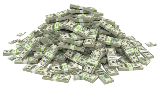 Large pile of stacks of US dollar bills on a black background money cash isolated on a transparent background