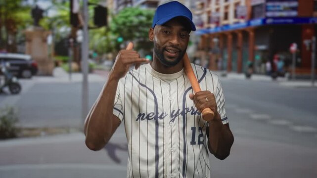 Man holding baseball bat on shoulder and pointing finger at camera, wearing striped jersey and blue cap in street; confidence.