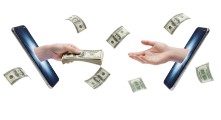 Mobile Phones Facilitating Money Transfer with Hands and Flying US Hundred Dollar Bills cash smartphones isolated on a transparent background