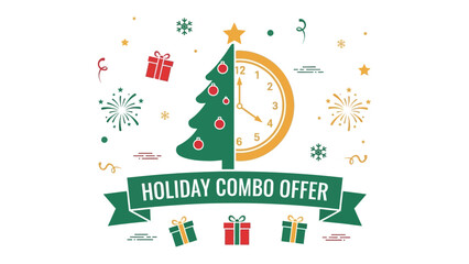 Festive Holiday Combo Offer: A vibrant graphic design celebrates the holiday season with a combination of a festive Christmas tree, a classic clock design, and a banner announcing a special promotion.