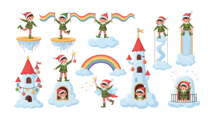 Enchanting Elf Kingdom: A whimsical illustration showcases a collection of charming elves immersed in a fantasy kingdom, engaging in various playful activities amidst clouds, rainbows.