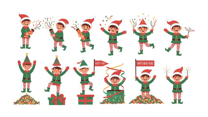Cheerful Elf Jamboree: A spirited ensemble of festive elves revel in joyful celebration, with confetti showers and colorful accessories set against a backdrop of holiday merriment.