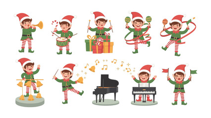 Festive Elf Musicians: A whimsical ensemble of Christmas elves joyfully playing a variety of musical instruments, evoking the merry spirit of the holiday season.
