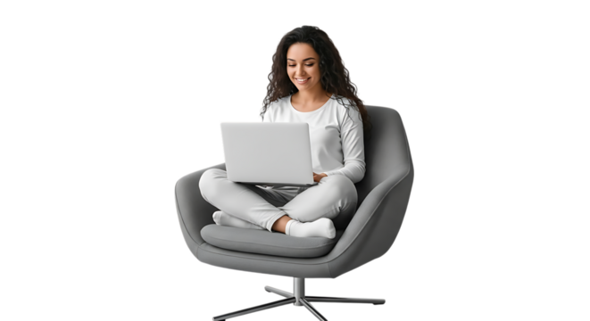 Smiling Woman Sitting Cross-legged on a Modern Chair Using a Laptop female person isolated on a transparent background