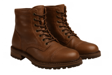 Pair of brown leather ankle boots with laces, rugged texture, and comfortable feeling, studio shot on transparent background