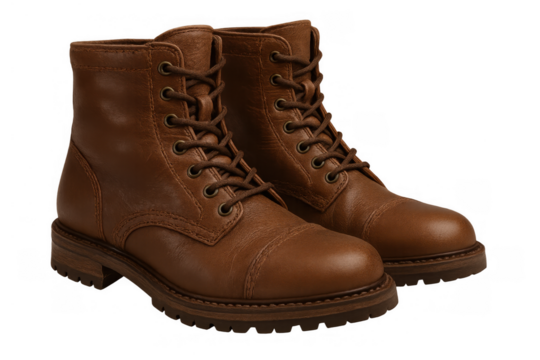 Pair of brown leather ankle boots with laces, rugged texture, and comfortable feeling, studio shot on transparent background - Powered by Adobe