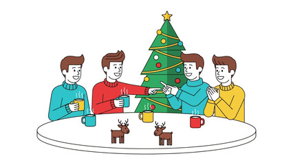 Festive Gathering: Friends Laughing by Christmas Tree. A cozy scene unfolds around a round table, where friends share mugs of warmth.