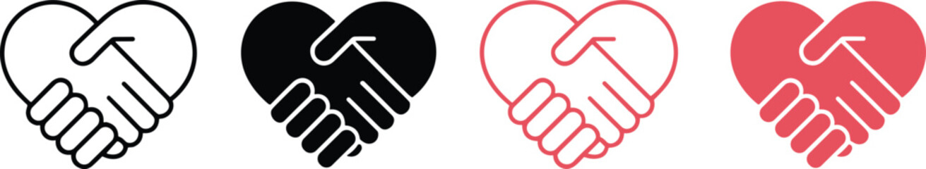 Set of Four Heart Handshake Icons Symbolizing Love, Trust, Partnership, Agreement, and Friendship, Black and Coral Vector Flat Design Isolated.