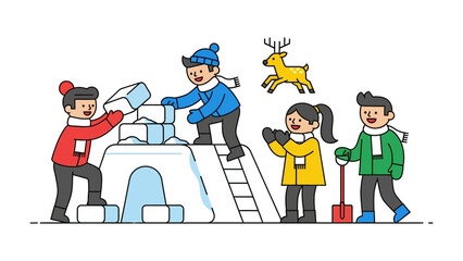 Winter Wonderland Creation: A group of children collaboratively constructing an igloo amidst a snowy scene. Playful interactions and winter spirit.