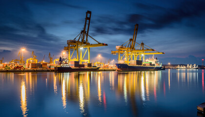 Night view of a harbor with cranes and ships.