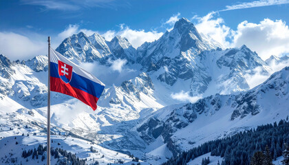 Slovakia&rsquo;s Flag Over Alpine Majesty: A Tribute to National Identity, Snow-Capped Peaks, and the Crisp Beauty of Sky, Elevation, and Heritage Framing a Rugged Landscape of Pride and Natural 