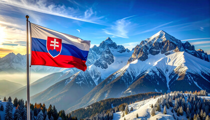 Slovakia&rsquo;s Flag Over Alpine Majesty: A Tribute to National Identity, Snow-Capped Peaks, and the Crisp Beauty of Sky, Elevation, and Heritage Framing a Rugged Landscape of Pride and Natural 