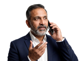 Indian businessman talking on mobile phone isolated on transparent background male professional office worker communication smartphone corporate executive calling gesture negotiation success career 