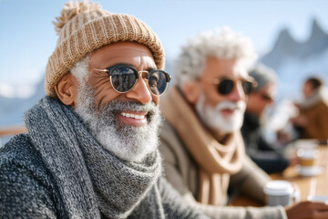 Smiling black senior man in knit beanie and scarf at outdoor cafe with friend - active aging, socializing, happy retirement travel lifestyle