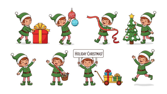Joyful Christmas Elves at Work: A collection of cheerful elves bustling with holiday preparations, showcasing gifts and decorating. Illustrating the magic of the season.