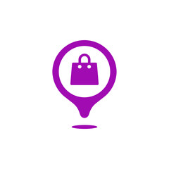 Obraz premium Purple shopping bag icon inside a location pin symbol isolated on transparent background