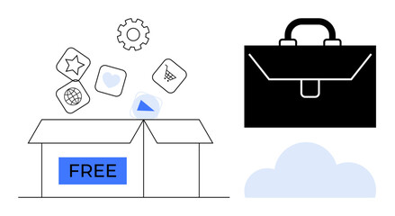 Open box labeled FREE with floating app icons including gear, star, and cart next to briefcase over cloud. Ideal for technology, software access, business tools, innovation, free resources, cloud
