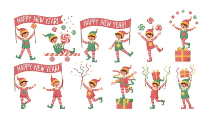 Festive Elf Collection: a collection of whimsical elves is in a joyful celebration. Ideal for holiday-themed projects.