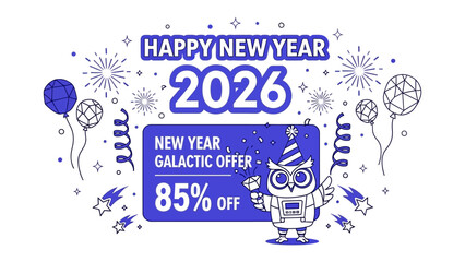 New Year Offer Illustration: A vibrant illustration promoting a Happy New Year 2026 Galactic Offer, featuring an adorable owl mascot and elements of festivity and discounts.