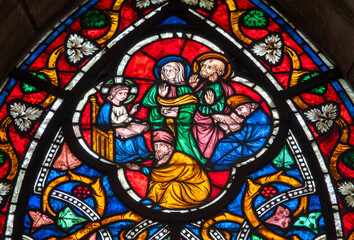 Stained glass (16th century) of The young Jesus in the Temple among the Doctors of the Law.
