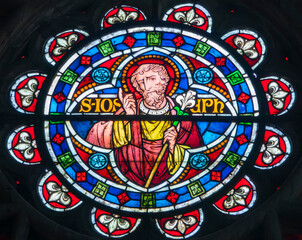 Stained glass (19th century) of Saint Joseph the Carpenter, father of Jesus.