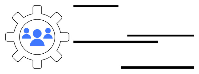 Gear with team icon symbolizing collaboration, surrounded by lines indicating workflow. Ideal for teamwork, efficiency, productivity, planning, operations, management progress. Simple flat metaphor
