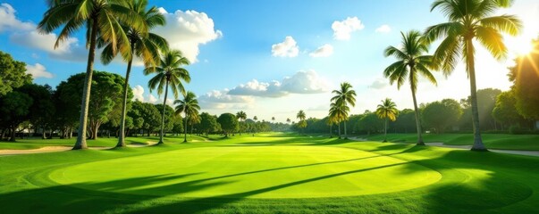 Obraz premium Sun-drenched fairway, palm trees sway gently in breeze, Caribbean, tee, exotic