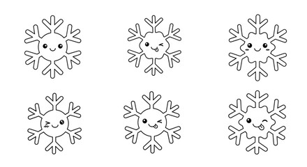 Cute snowflake characters with smiling faces in black outline  