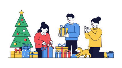 Holiday Gift Giving: A heartwarming holiday scene unfolds as a family prepares for the festive season. They are gathered around, exchanging gifts.