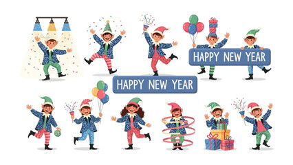 Fototapeta premium New Year's Celebration Elves: Playful elves dressed in festive attire revel in a jubilant celebration, adorned with confetti and joy. A visual representation of holiday spirit.
