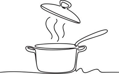 Continuous line art illustration of large cooking pot releasing steam with handmade contour