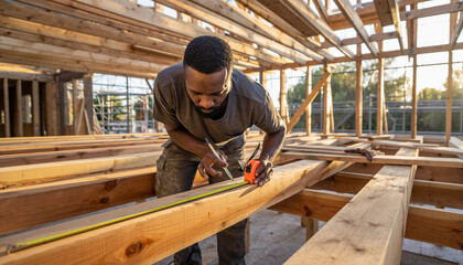 Man measuring wood beams in a construction site with a tape measure.