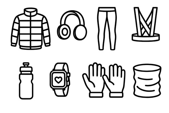Winter Gear Icons. Cold Weather Gear linear icon set. thermal jacket, ear warmers, running tights, reflective vest, water bottle, smartwatch, gloves, neck gaiter