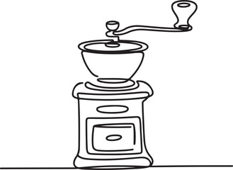 Continuous line art illustration of handmade contour forming a manual coffee grinder