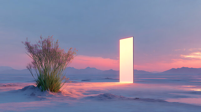 Ethereal portal glowing in a pastel desert landscape image