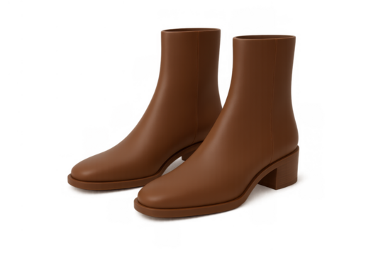 Pair of brown leather ankle boots with block heels, depicting women's modern footwear fashion and comfortable style
