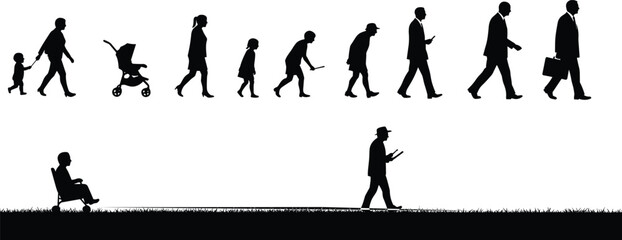 Human life cycle silhouette, aging stages illustration, growth from baby to elderly, timeline concept, generational journey, age progression, symbolic artwork