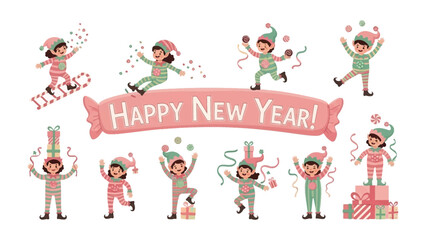 Happy New Year Elves: Cheerful elves celebrate the New Year with joy, embodying the spirit of festivity, carrying gift and party supplies, spreading happiness. 